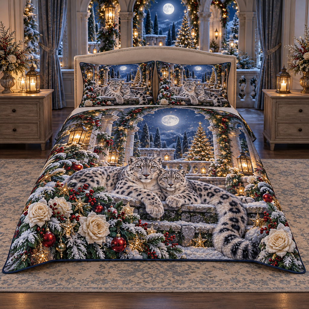 Snow Leopard Moonstone Garden Christmas thin printed quilt with two matching pillow shams; complete-product design mockup with flat printed visual depth.