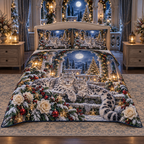 Snow Leopard Moonstone Garden Christmas thin printed quilt with two matching pillow shams; complete-product design mockup with flat printed visual depth.
