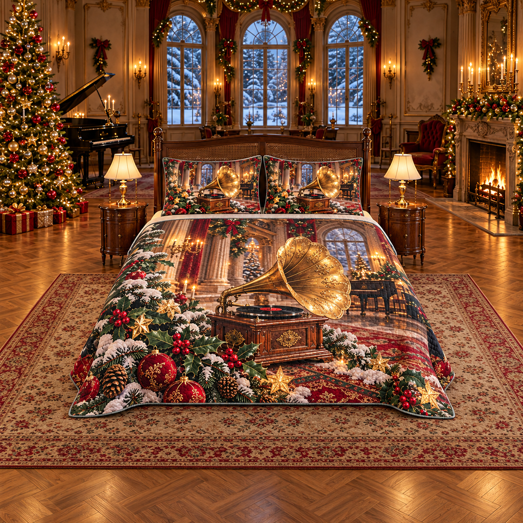 Vintage Gramophone Christmas Ballroom thin printed quilt with two matching pillow shams; complete-product design mockup with flat printed visual depth.