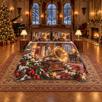 Vintage Gramophone Christmas Ballroom thin printed quilt with two matching pillow shams; complete-product design mockup with flat printed visual depth.