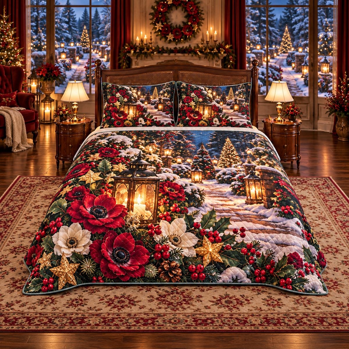 Cranberry Anemone Snow Lantern Christmas thin printed quilt with two matching pillow shams; complete-product design mockup with flat printed visual depth.