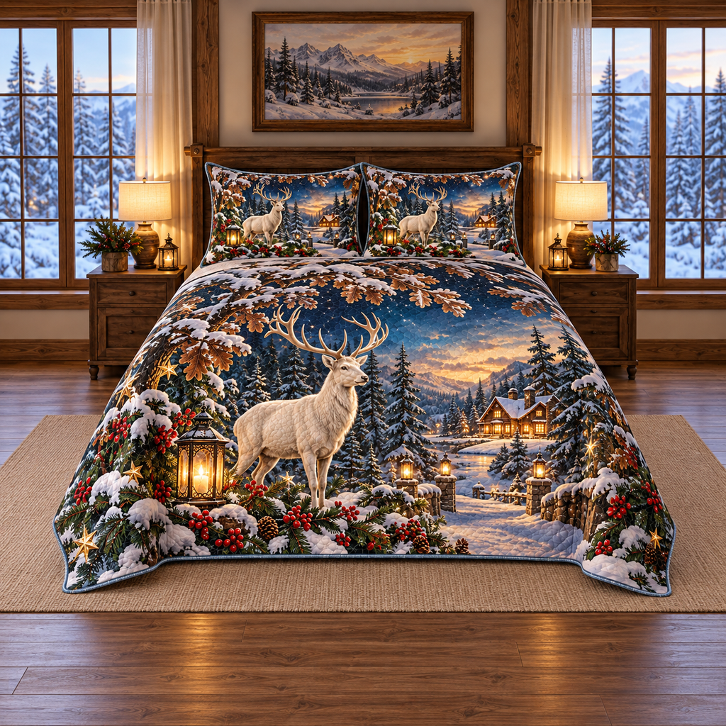 Ivory Stag Frosted Oak Christmas thin printed quilt with two matching pillow shams; complete-product design mockup with flat printed visual depth.
