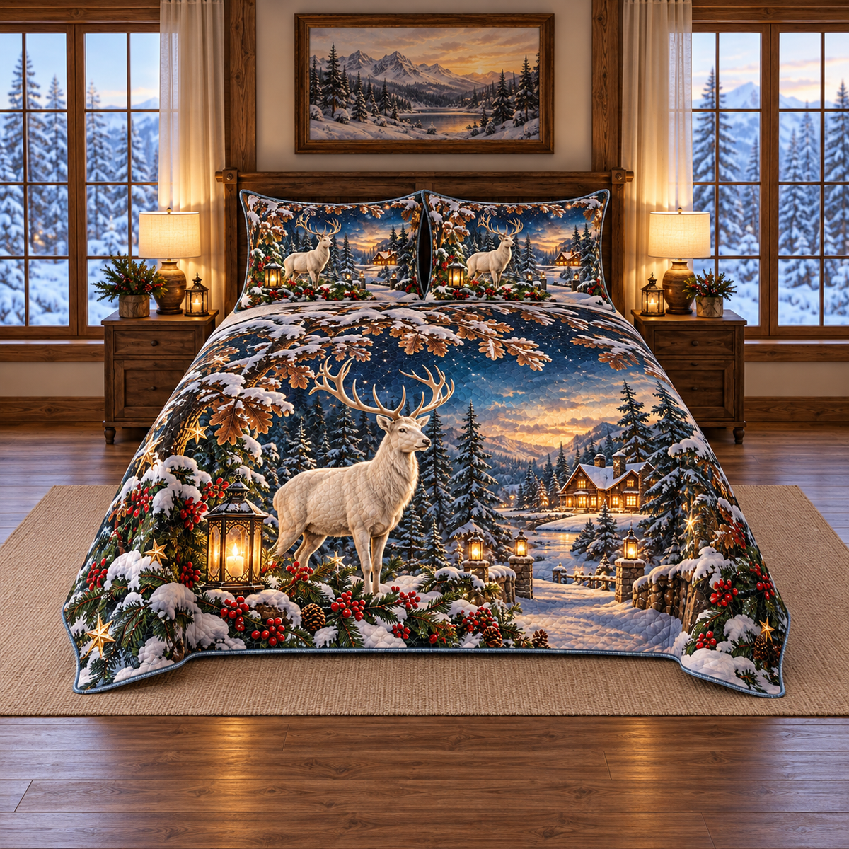 Ivory Stag Frosted Oak Christmas thin printed quilt with two matching pillow shams; complete-product design mockup with flat printed visual depth.