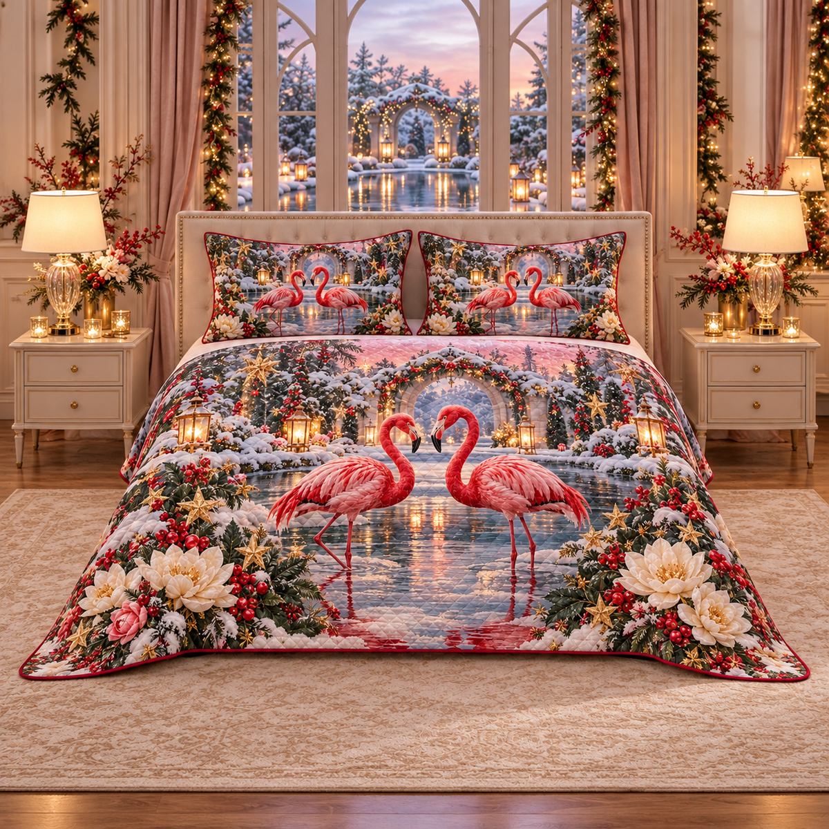 Ruby Flamingo Snow Lotus Christmas thin printed quilt with two matching pillow shams; complete-product design mockup with flat printed visual depth.
