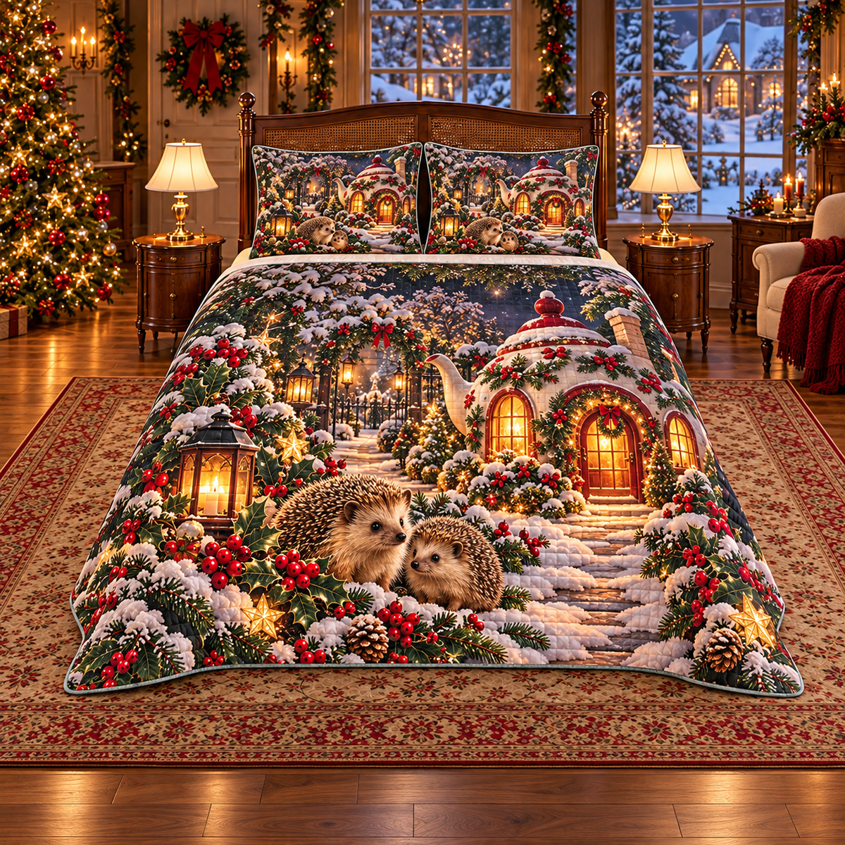 Amber Hedgehog Snowy Teapot Garden Christmas thin printed quilt with two matching pillow shams; complete-product design mockup with flat printed visual depth.