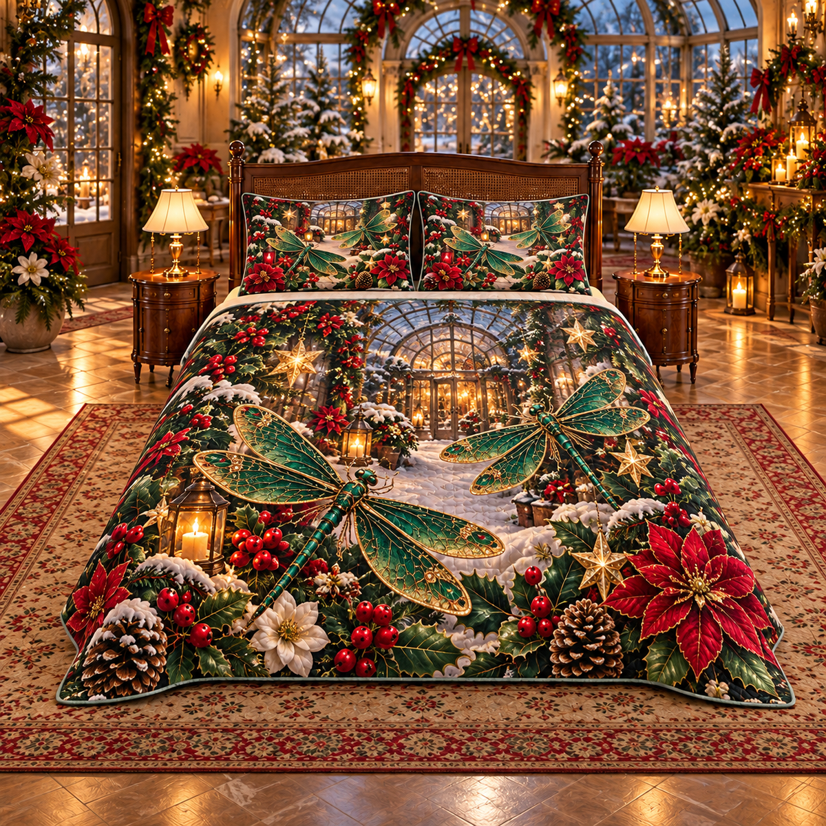 Emerald Dragonfly Winter Greenhouse Christmas thin printed quilt with two matching pillow shams; complete-product design mockup with flat printed visual depth.