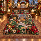 Emerald Dragonfly Winter Greenhouse Christmas thin printed quilt with two matching pillow shams; complete-product design mockup with flat printed visual depth.