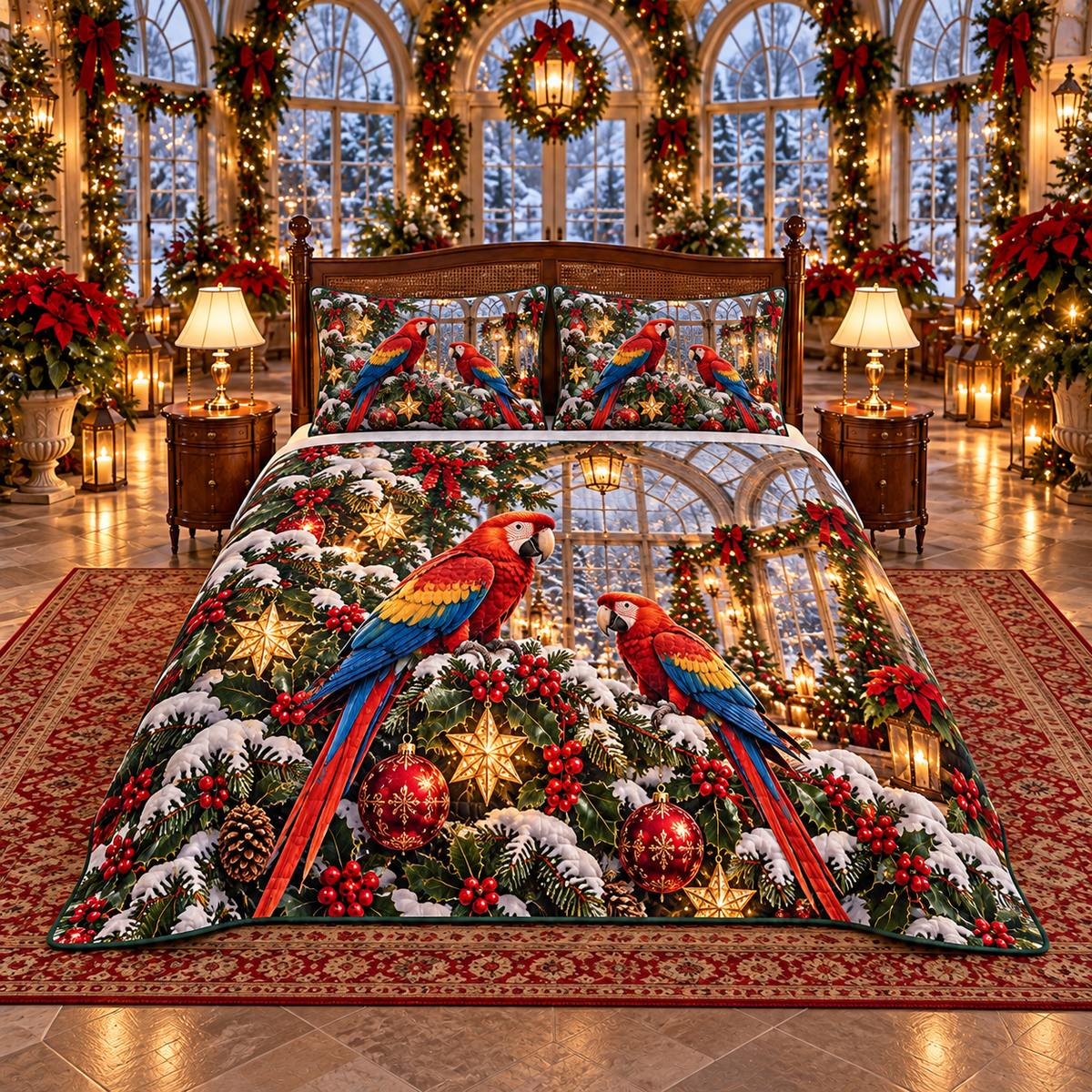 Scarlet Macaw Christmas Conservatory thin printed quilt with two matching pillow shams; complete-product design mockup with flat printed visual depth.