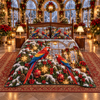 Scarlet Macaw Christmas Conservatory thin printed quilt with two matching pillow shams; complete-product design mockup with flat printed visual depth.