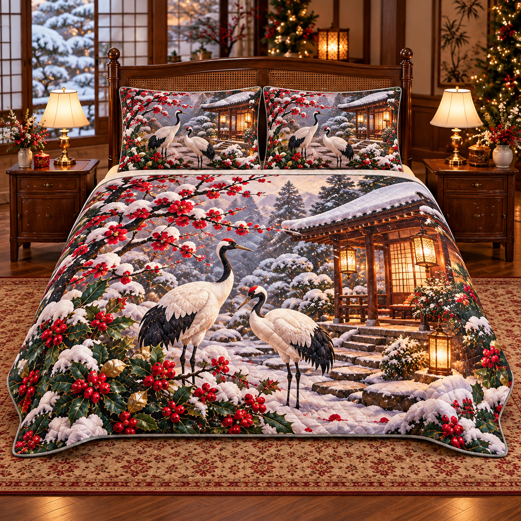 Crimson Crane Snowy Plum Pavilion Christmas thin printed quilt with two matching pillow shams; complete-product design mockup with flat printed visual depth.
