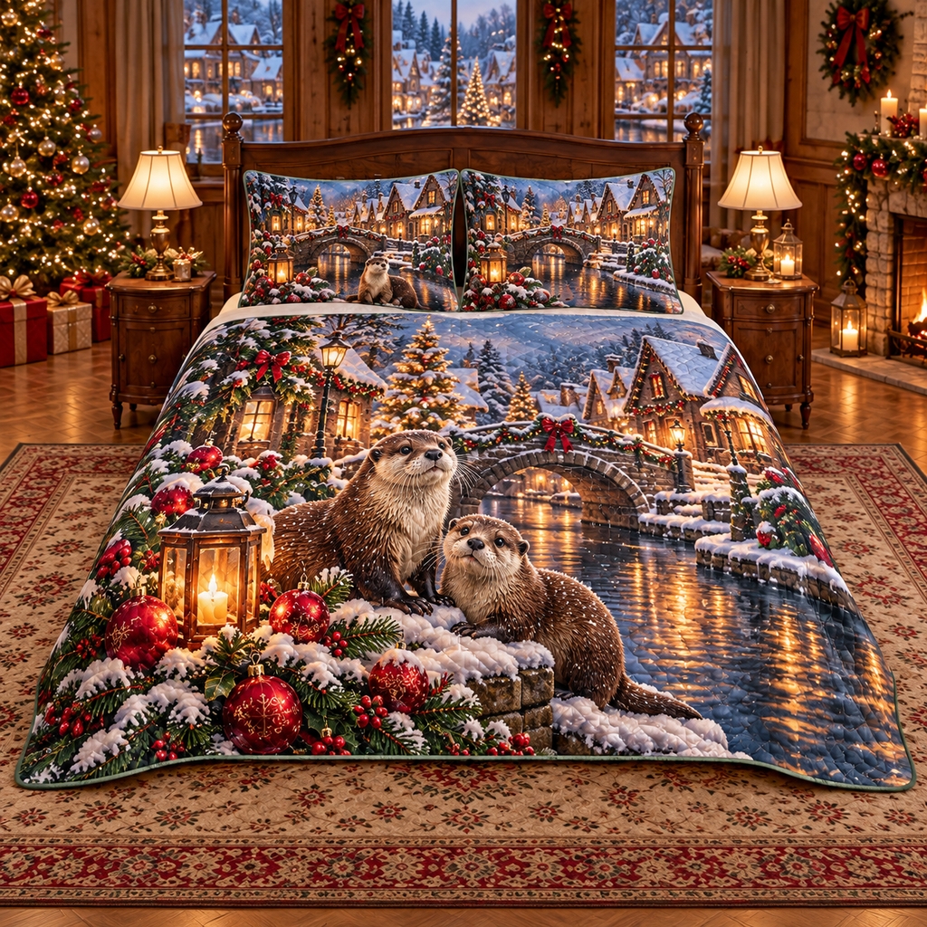 River Otter Gingerbread Canal Christmas thin printed quilt with two matching pillow shams; complete-product design mockup with flat printed visual depth.