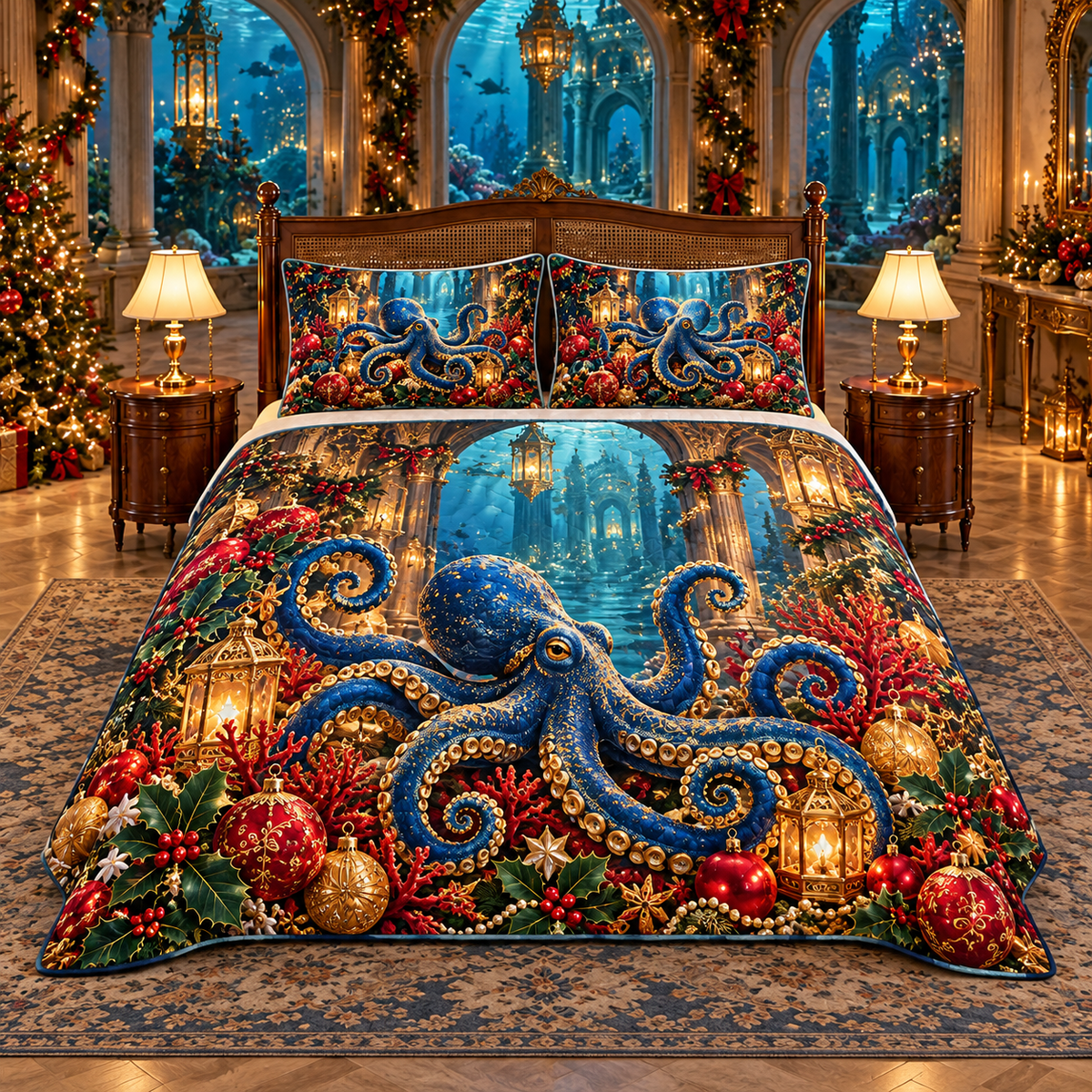 Sapphire Octopus Coral Palace Christmas thin printed quilt with two matching pillow shams; complete-product design mockup with flat printed visual depth.
