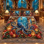 Sapphire Octopus Coral Palace Christmas thin printed quilt with two matching pillow shams; complete-product design mockup with flat printed visual depth.