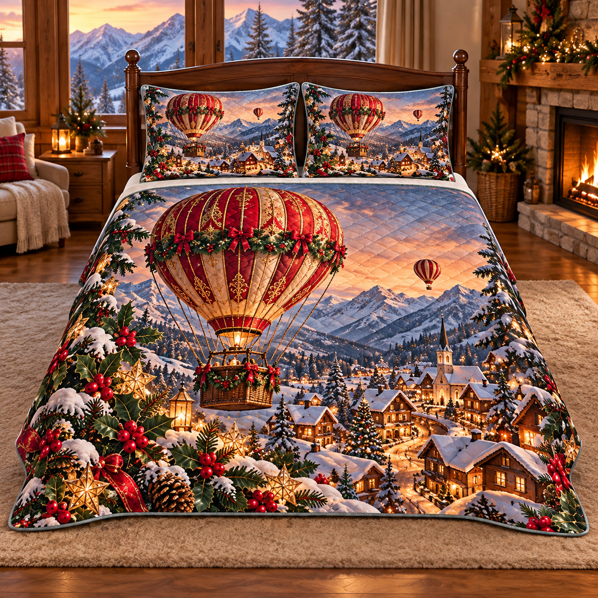 Vintage Balloon Christmas Rooftops thin printed quilt with two matching pillow shams; complete-product design mockup with flat printed visual depth.