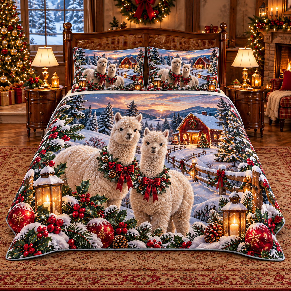 Ivory Alpaca Christmas Meadow thin printed quilt with two matching pillow shams; complete-product design mockup with flat printed visual depth.