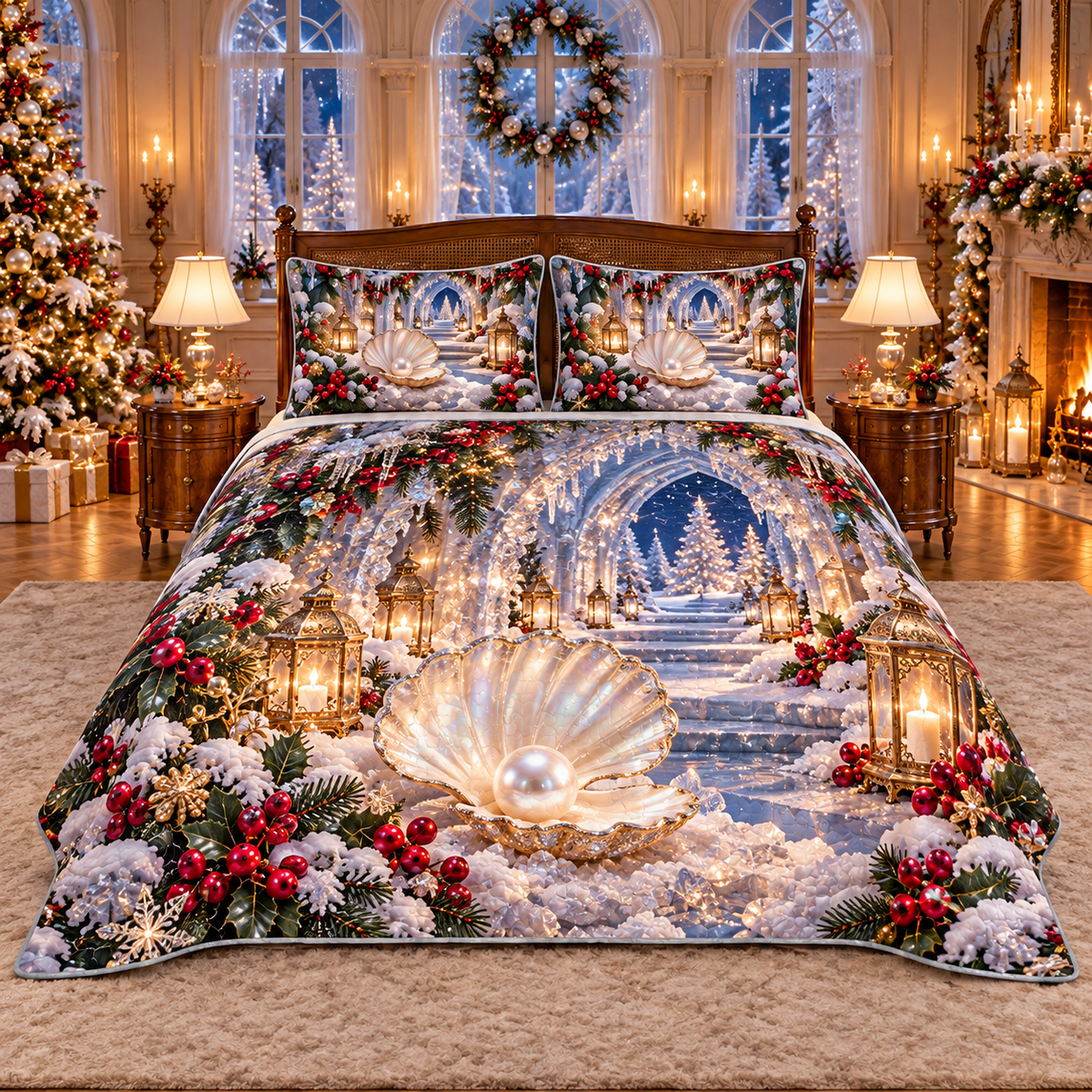 Pearl Seashell Winter Grotto Christmas thin printed quilt with two matching pillow shams; complete-product design mockup with flat printed visual depth.