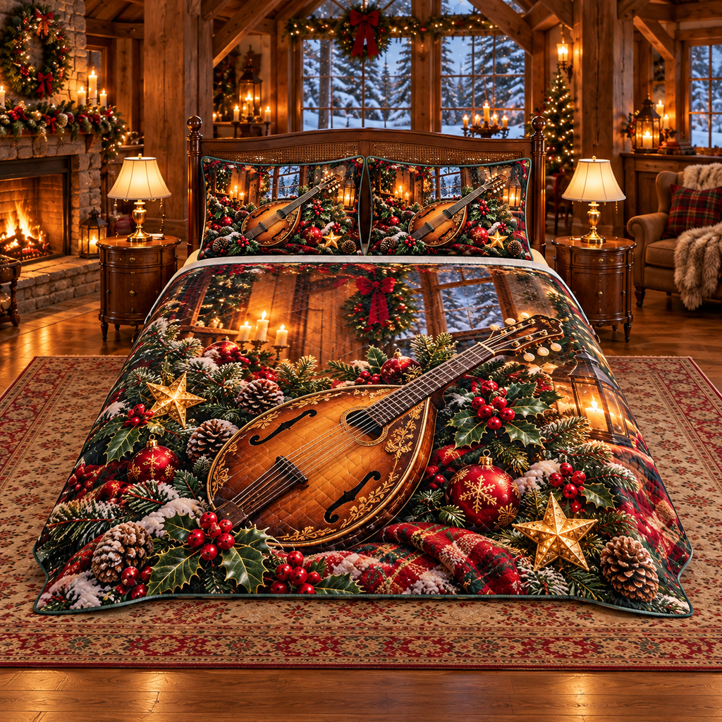Vintage Mandolin Christmas Lodge thin printed quilt with two matching pillow shams; complete-product design mockup with flat printed visual depth.