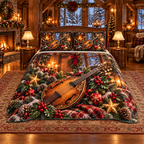 Vintage Mandolin Christmas Lodge thin printed quilt with two matching pillow shams; complete-product design mockup with flat printed visual depth.