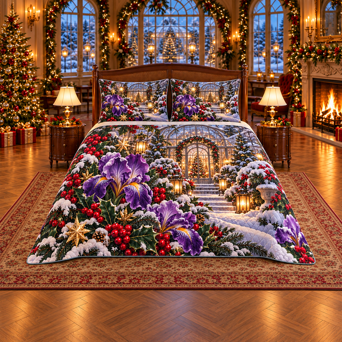 Violet Iris Winter Glass Arch Christmas thin printed quilt with two matching pillow shams; complete-product design mockup with flat printed visual depth.