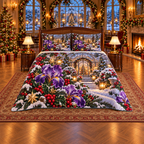 Violet Iris Winter Glass Arch Christmas thin printed quilt with two matching pillow shams; complete-product design mockup with flat printed visual depth.