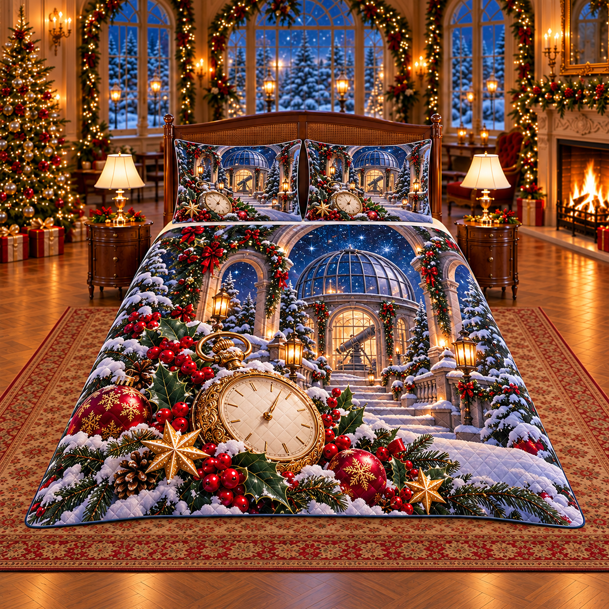 Antique Watch Holly Observatory Christmas thin printed quilt with two matching pillow shams; complete-product design mockup with flat printed visual depth.