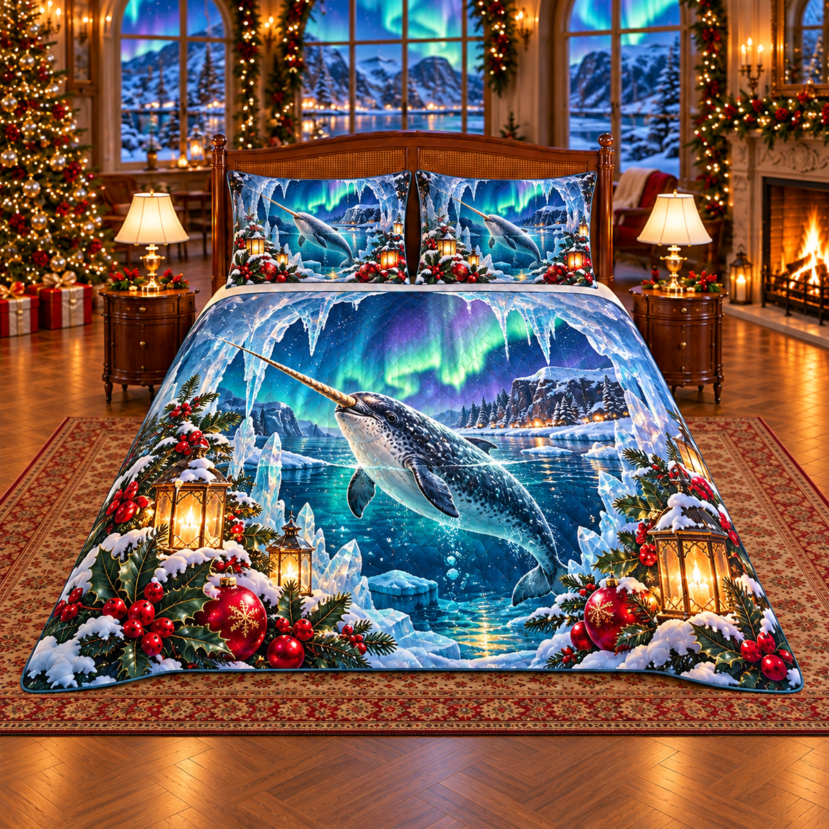 Aurora Narwhal Crystal Cove Christmas thin printed quilt with two matching pillow shams; complete-product design mockup with flat printed visual depth.