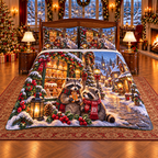 Woodland Raccoon Snow Bakery Christmas thin printed quilt with two matching pillow shams; complete-product design mockup with flat printed visual depth.