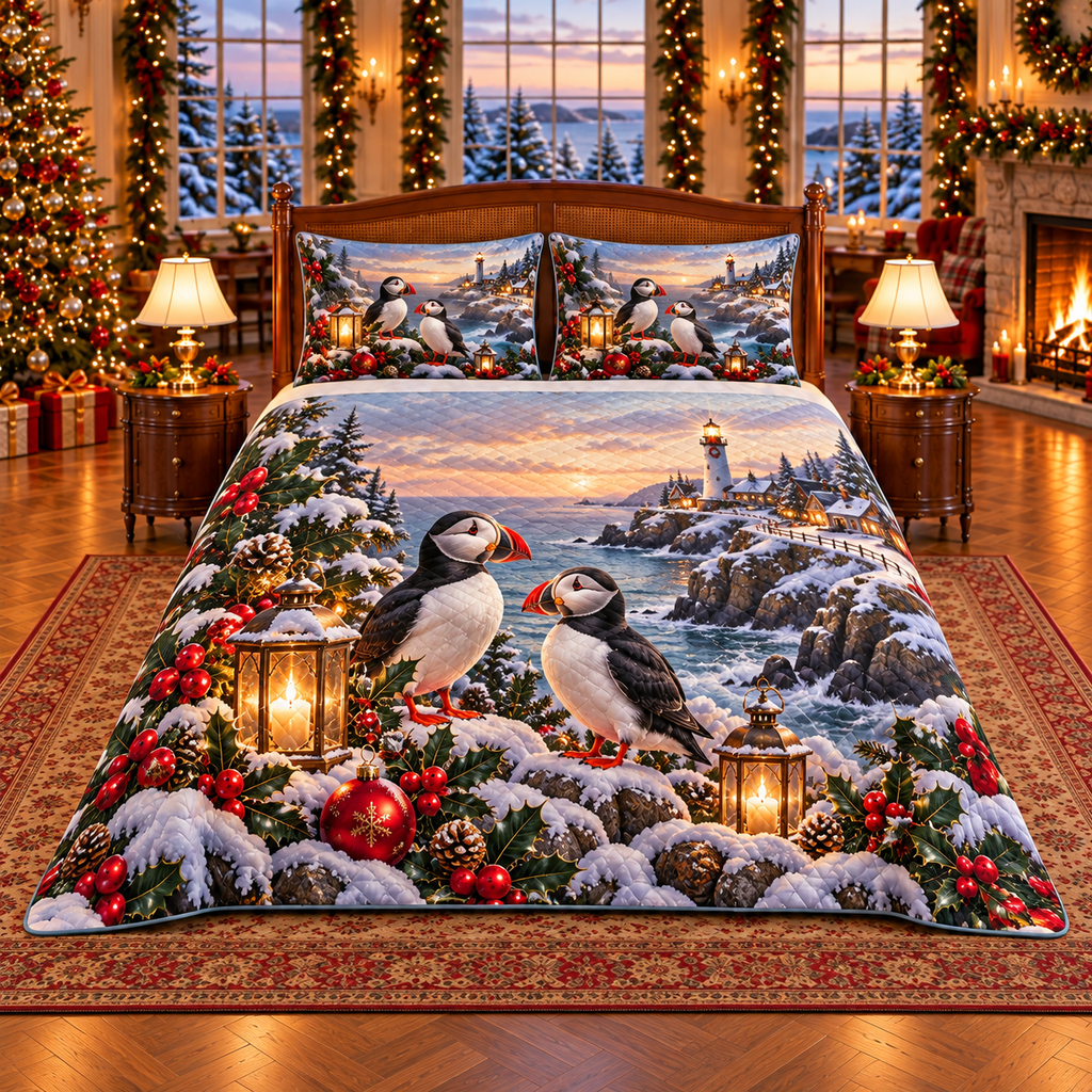 Atlantic Puffin Christmas Beacon thin printed quilt with two matching pillow shams; complete-product design mockup with flat printed visual depth.