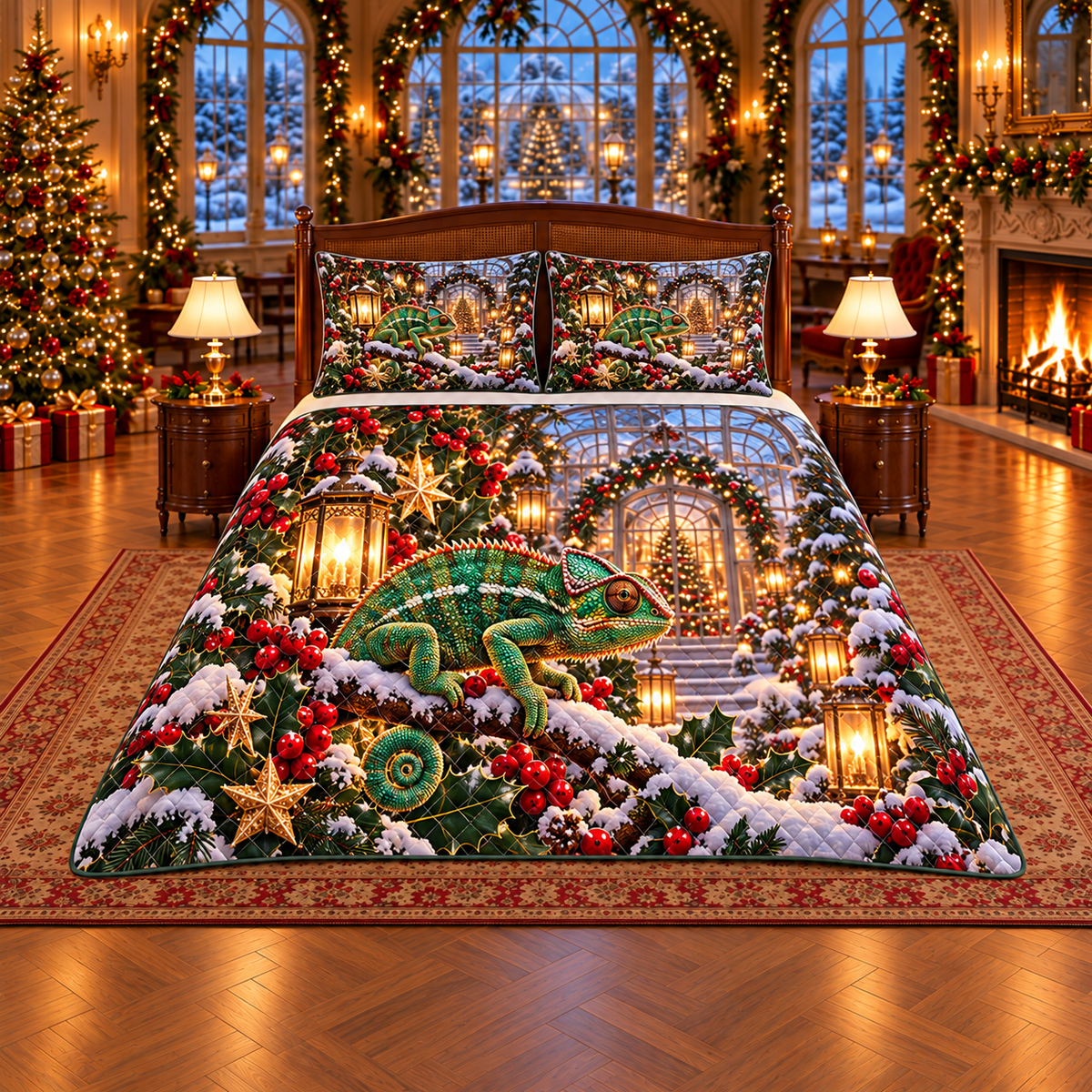 Emerald Chameleon Holly Garden Christmas thin printed quilt with two matching pillow shams; complete-product design mockup with flat printed visual depth.