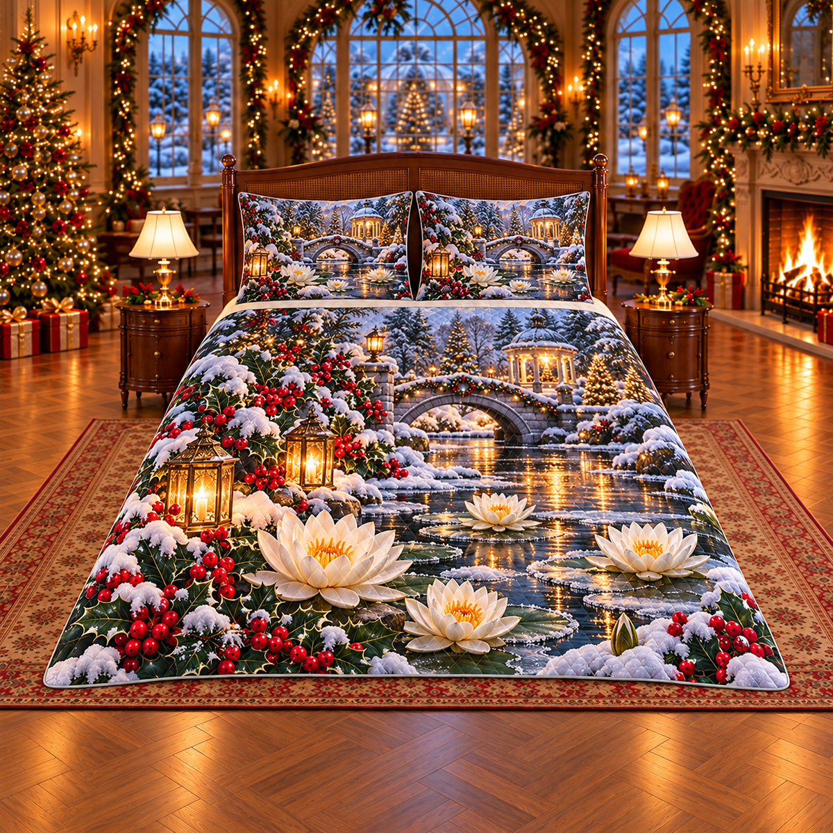 Ivory Waterlily Frosted Bridge Christmas thin printed quilt with two matching pillow shams; complete-product design mockup with flat printed visual depth.