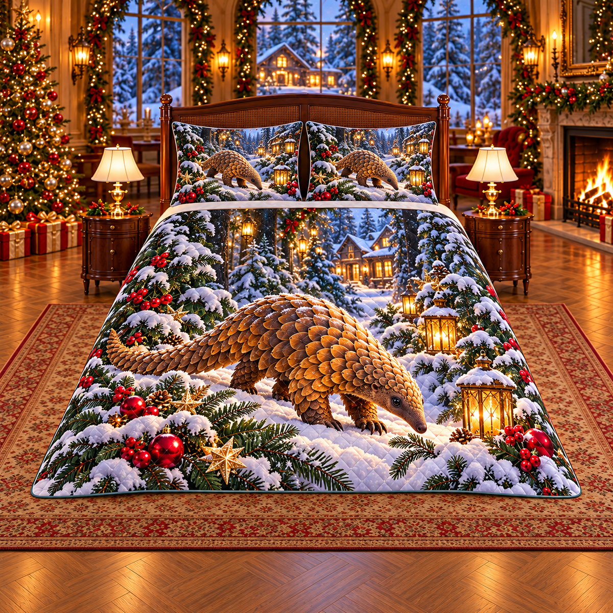 Amber Pangolin Lantern Forest Christmas thin printed quilt with two matching pillow shams; complete-product design mockup with flat printed visual depth.