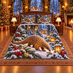 Amber Pangolin Lantern Forest Christmas thin printed quilt with two matching pillow shams; complete-product design mockup with flat printed visual depth.