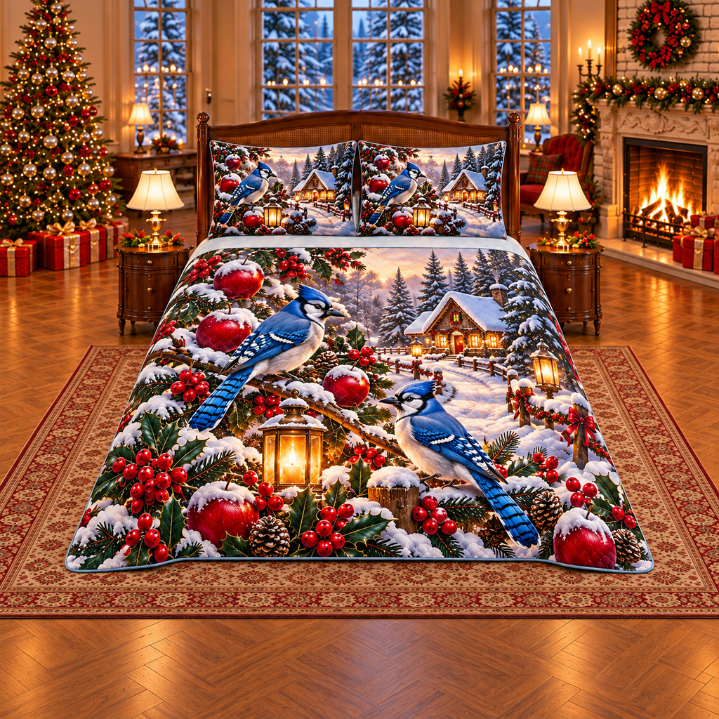 Blue Jay Snowy Apple Cottage Christmas thin printed quilt with two matching pillow shams; complete-product design mockup with flat printed visual depth.
