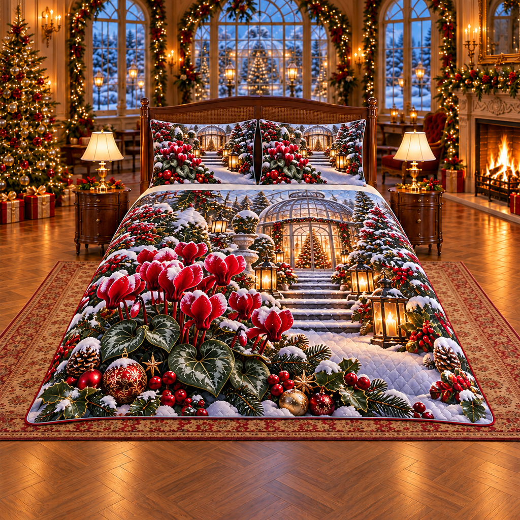 Ruby Cyclamen Winter Rotunda Christmas thin printed quilt with two matching pillow shams; complete-product design mockup with flat printed visual depth.