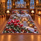 Ruby Cyclamen Winter Rotunda Christmas thin printed quilt with two matching pillow shams; complete-product design mockup with flat printed visual depth.