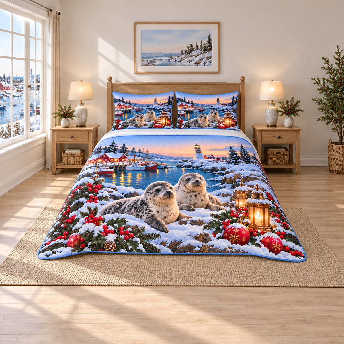 Arctic Seal Christmas Harbor thin printed quilt with two matching pillow shams; complete-product design mockup with flat printed visual depth.