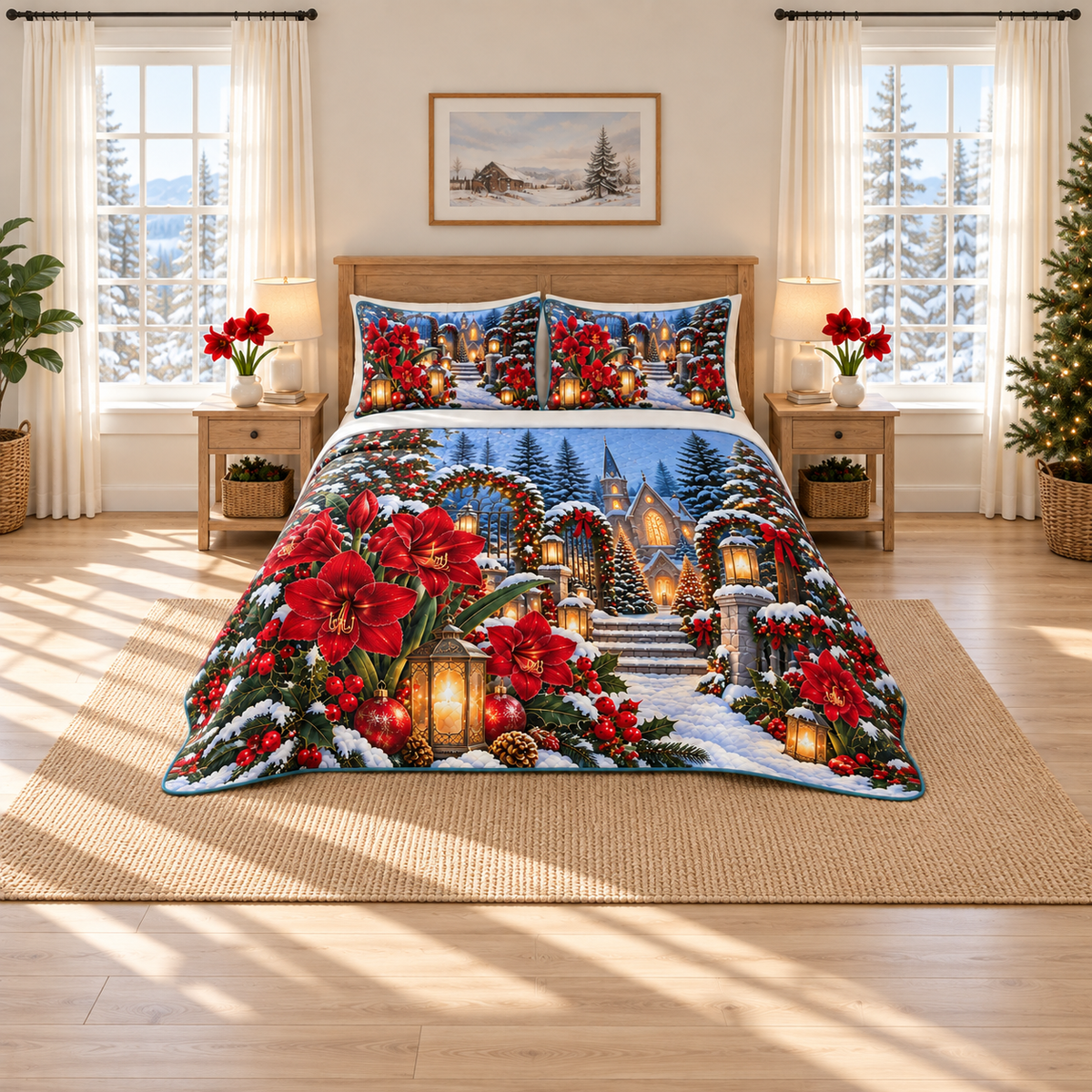 Crimson Amaryllis Winter Chapel Christmas thin printed quilt with two matching pillow shams; complete-product design mockup with flat printed visual depth.