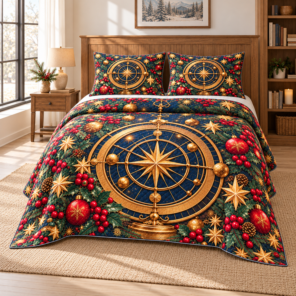 Golden Astrolabe Christmas Library thin printed quilt with two matching pillow shams; complete-product design mockup with flat printed visual depth.