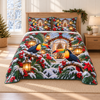 Ruby Toucan Snowy Aviary Christmas thin printed quilt with two matching pillow shams; complete-product design mockup with flat printed visual depth.