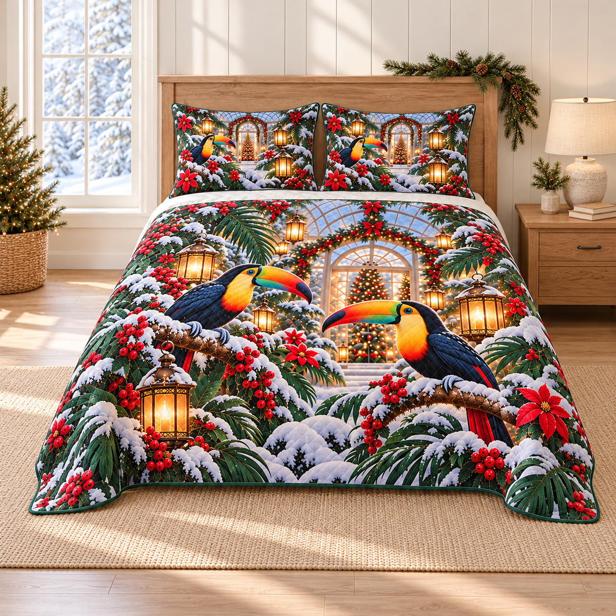 Ruby Toucan Snowy Aviary Christmas thin printed quilt with two matching pillow shams; complete-product design mockup with flat printed visual depth.