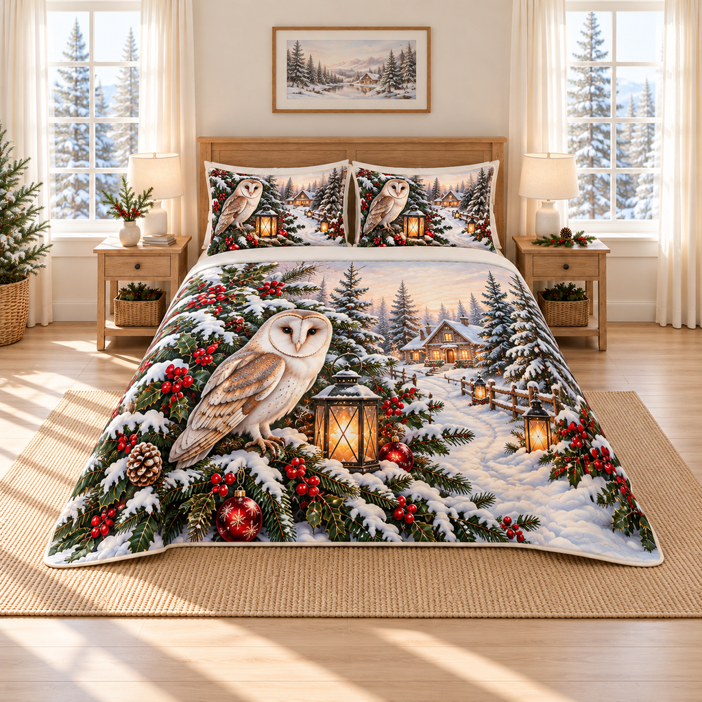 Ivory Barn Owl Snowy Cedar Christmas thin printed quilt with two matching pillow shams; complete-product design mockup with flat printed visual depth.
