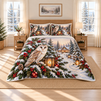 Ivory Barn Owl Snowy Cedar Christmas thin printed quilt with two matching pillow shams; complete-product design mockup with flat printed visual depth.