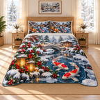 Ruby Koi Winter Stone Bridge Christmas thin printed quilt with two matching pillow shams; complete-product design mockup with flat printed visual depth.