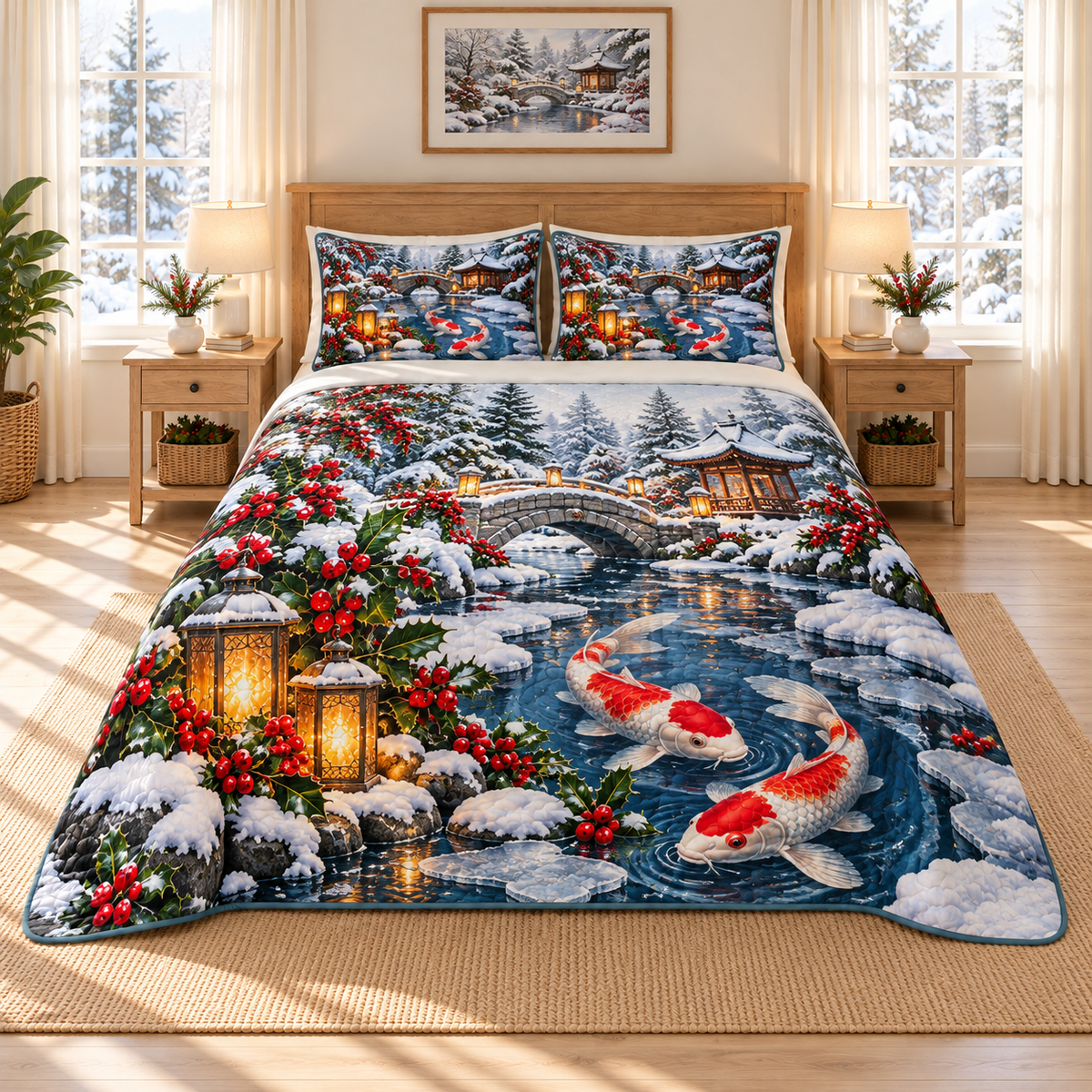 Ruby Koi Winter Stone Bridge Christmas thin printed quilt with two matching pillow shams; complete-product design mockup with flat printed visual depth.