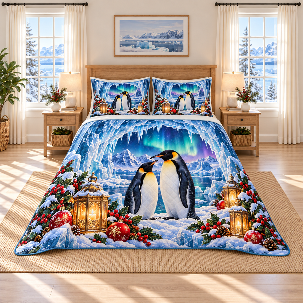 Emperor Penguin Crystal Cavern Christmas thin printed quilt with two matching pillow shams; complete-product design mockup with flat printed visual depth.