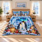 Emperor Penguin Crystal Cavern Christmas thin printed quilt with two matching pillow shams; complete-product design mockup with flat printed visual depth.