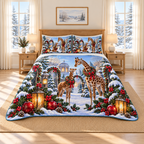 Golden Giraffe Christmas Courtyard thin printed quilt with two matching pillow shams; complete-product design mockup with flat printed visual depth.