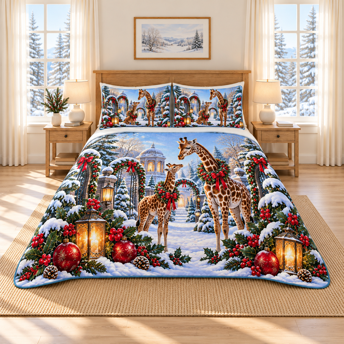 Golden Giraffe Christmas Courtyard thin printed quilt with two matching pillow shams; complete-product design mockup with flat printed visual depth.