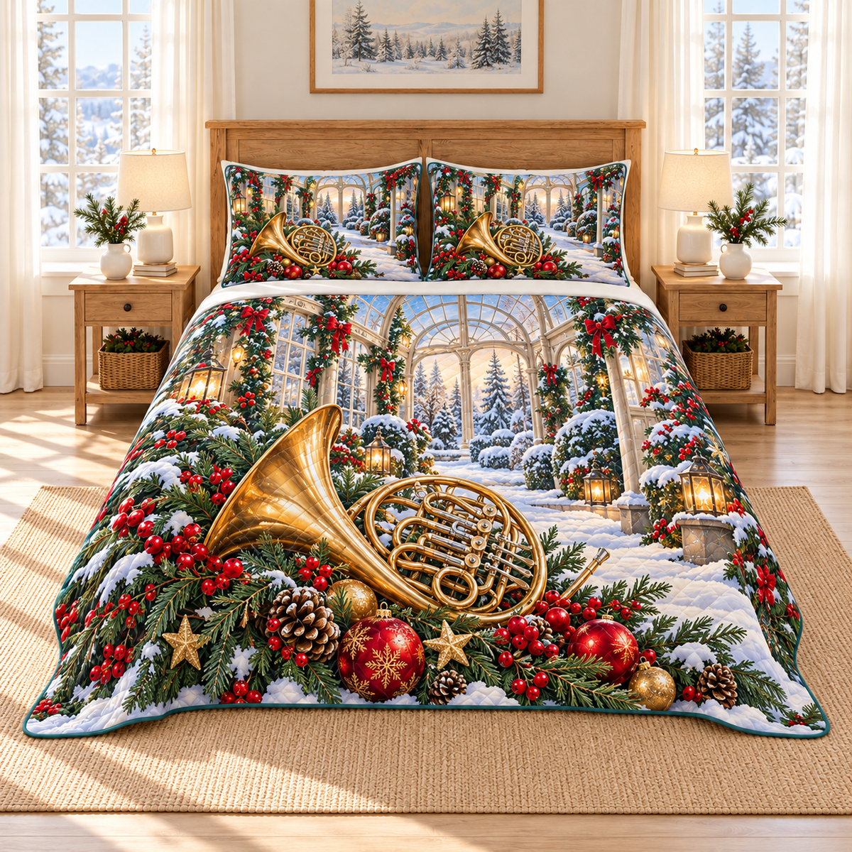 Golden Horn Christmas Conservatory thin printed quilt with two matching pillow shams; complete-product design mockup with flat printed visual depth.
