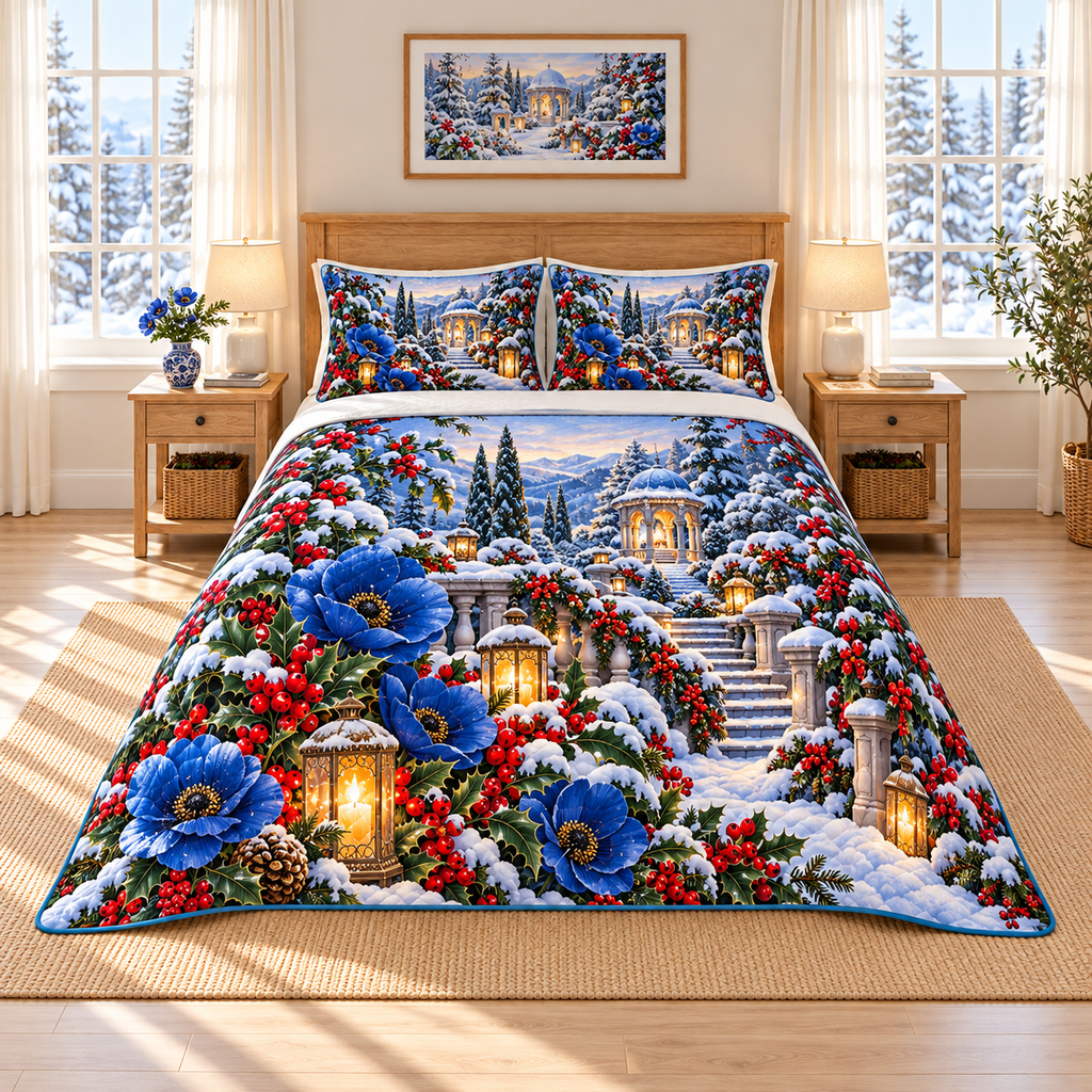 Sapphire Poppy Winter Balcony Christmas thin printed quilt with two matching pillow shams; complete-product design mockup with flat printed visual depth.